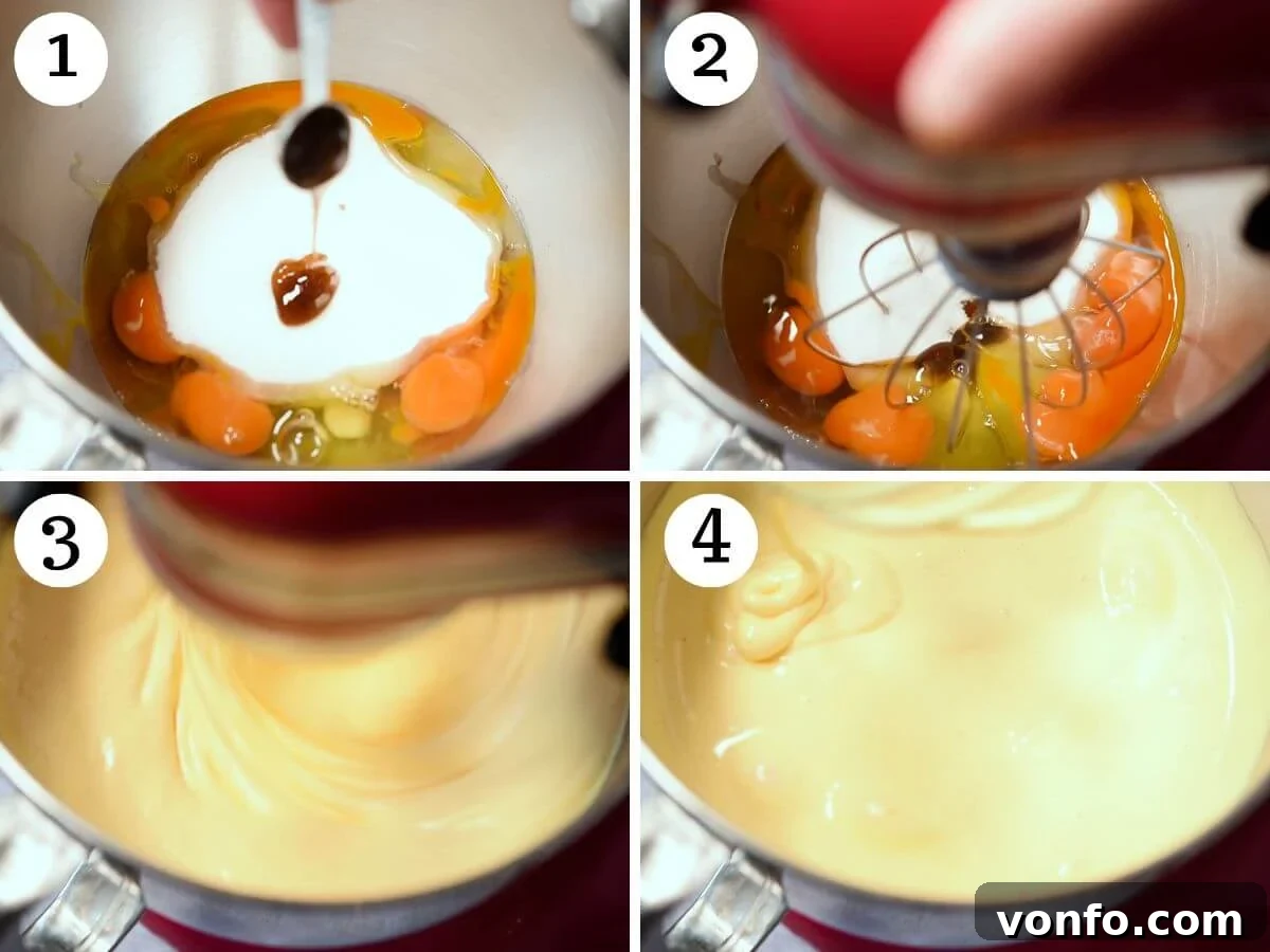 Classic Italian Mimosa Cake 4 A four-photo collage demonstrating the crucial steps of whipping eggs, vanilla, salt, and sugar in a stand mixer until the mixture is pale, thick, and forms a ribbon, a key technique for light sponge.