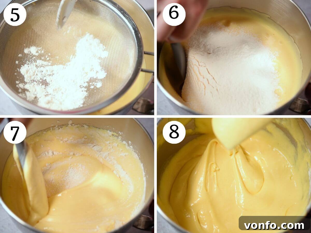 Classic Italian Mimosa Cake 5 A sequence of four images in a collage showing the careful and gentle technique of folding sifted flour into the airy cake batter, ensuring no pockets of flour remain and preserving the cake's light texture.