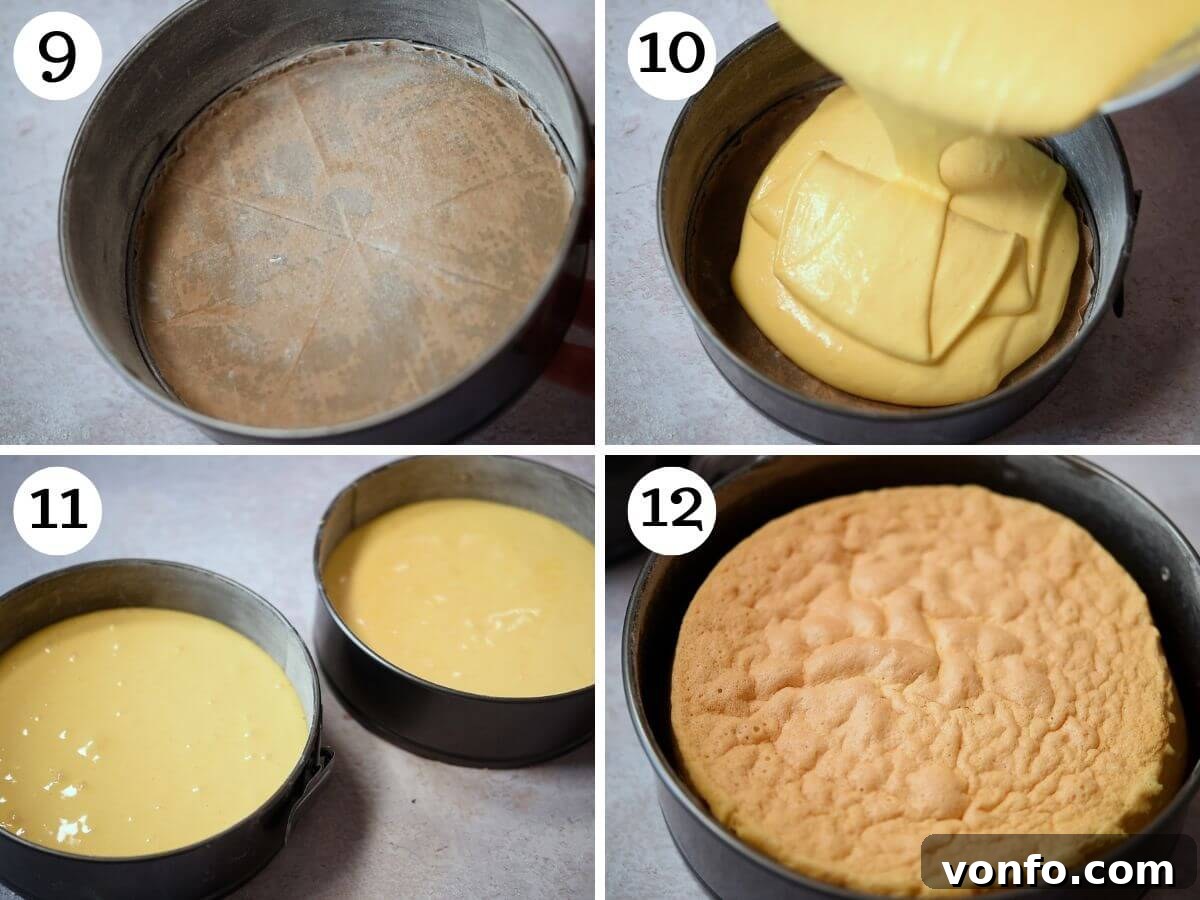 Classic Italian Mimosa Cake 6 A four-panel collage illustrating the Pan di Spagna baking process for a Mimosa cake, from raw batter in tins to perfectly golden-baked sponges cooling on a wire rack.