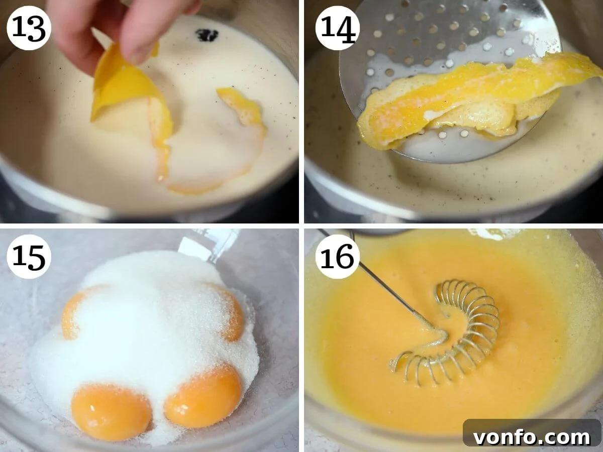 Classic Italian Mimosa Cake 7 A four-photo collage demonstrating the initial steps of making Italian pastry cream, from infusing milk with lemon and vanilla to combining egg yolks and sugar.