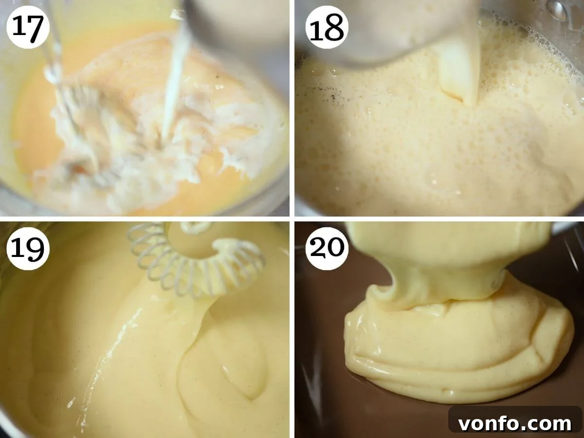 Classic Italian Mimosa Cake 8 A four-photo collage illustrating the final stages of making pastry cream, showing the thickened, smooth texture and the correct consistency that coats a spoon, ready for cooling.