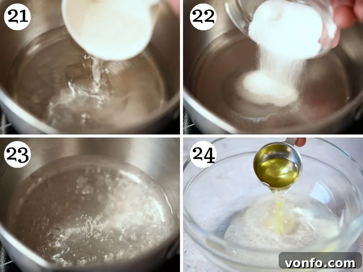 Classic Italian Mimosa Cake 9 A four-photo collage showing the simple process of making sugar water, from combining ingredients in a saucepan to bringing it to a boil and letting it cool.