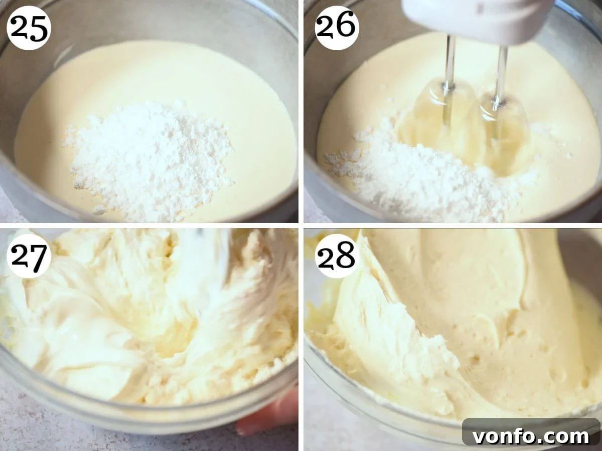 Classic Italian Mimosa Cake 10 A four-photo collage depicting the preparation of Chantilly cream, showing the stages of whipping heavy cream and powdered sugar, and then gently folding in the prepared pastry cream to create the final fluffy filling.