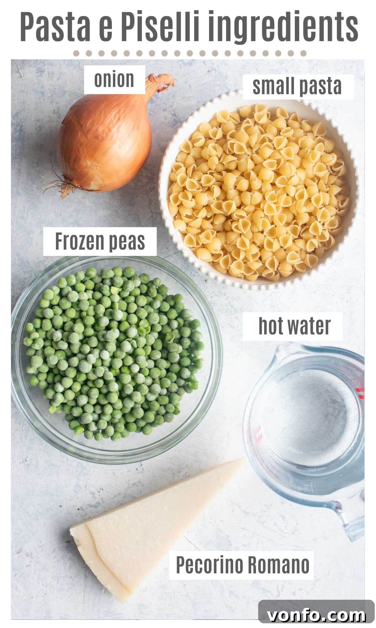 An overhead shot showcasing all the fresh and frozen ingredients laid out neatly, ready to be transformed into Pasta e Piselli (pasta with peas).