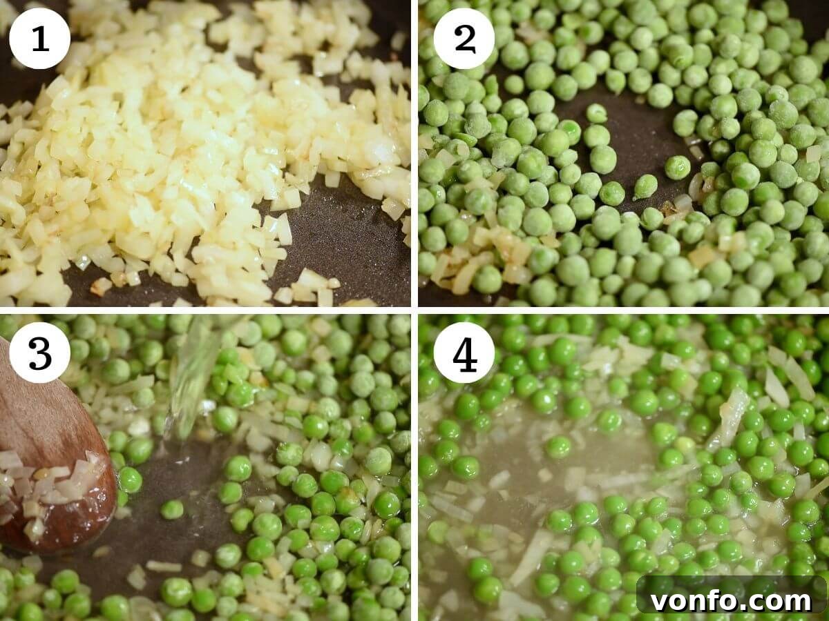 A four-photo collage illustrating the initial steps: sautéing onions until translucent, then adding frozen peas and simmering them gently in water.