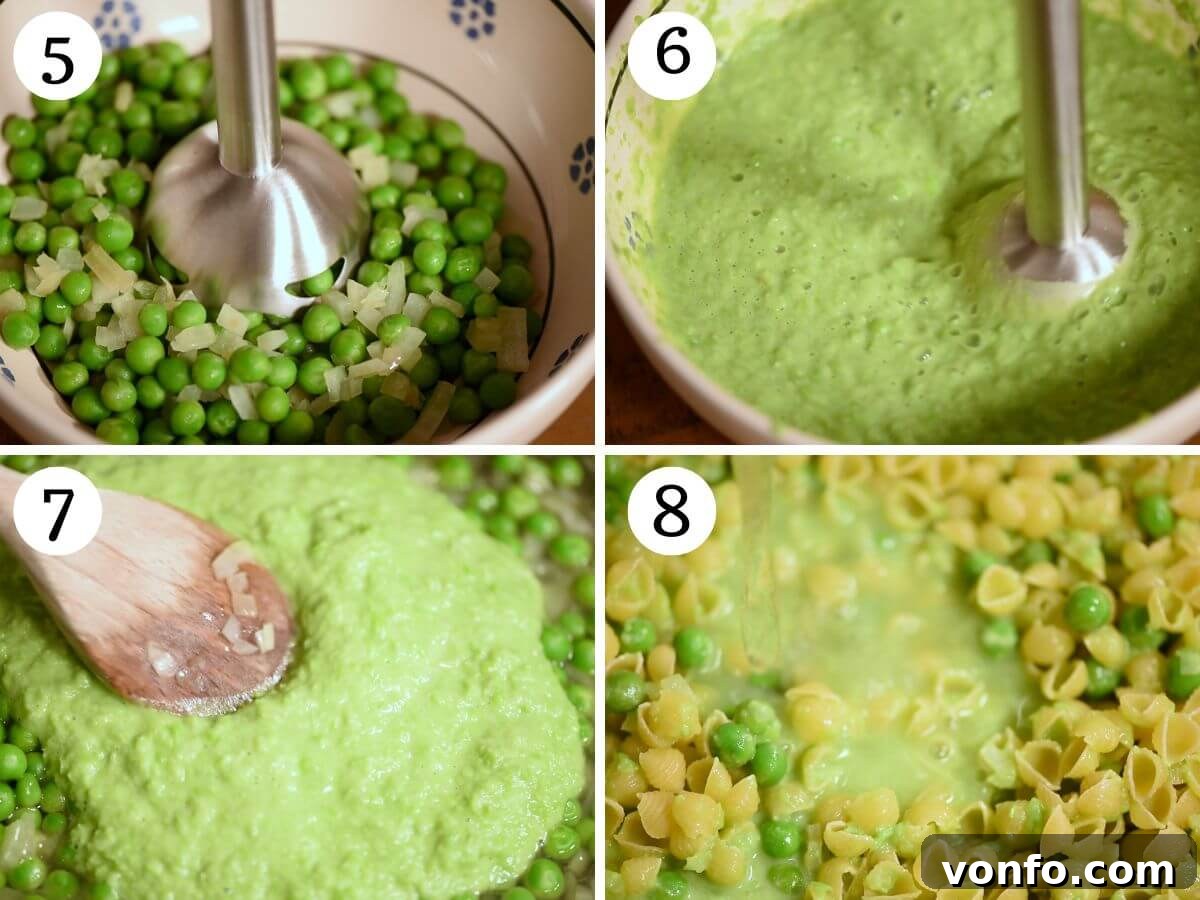 A four-photo collage showing the process of blending cooked peas into a smooth puree using an immersion blender, and then reintroducing the puree to the pan with the pasta.