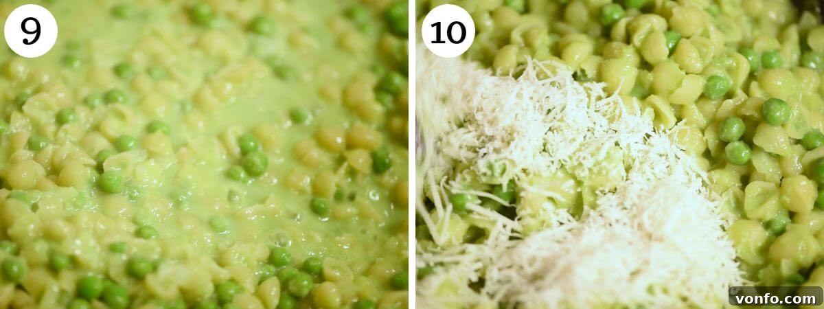 A two-photo collage showcasing the final stages of preparing pasta e piselli, with the creamy pasta cooked and ready for cheese, and then the finished dish.