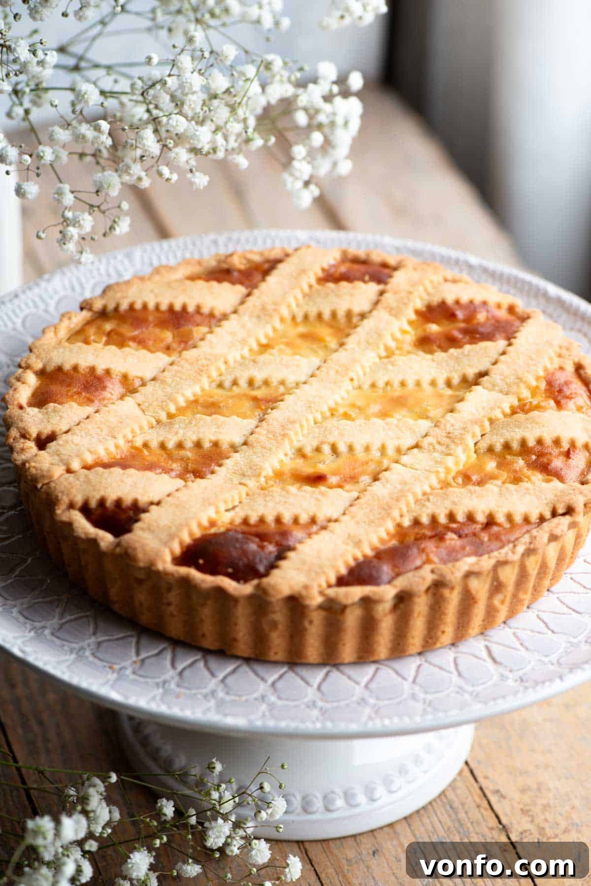 Naples' Beloved Wheat Berry Pie 2 Pastiera Napoletana on a cake stand sitting on a wooden surface with white flowers at the side.