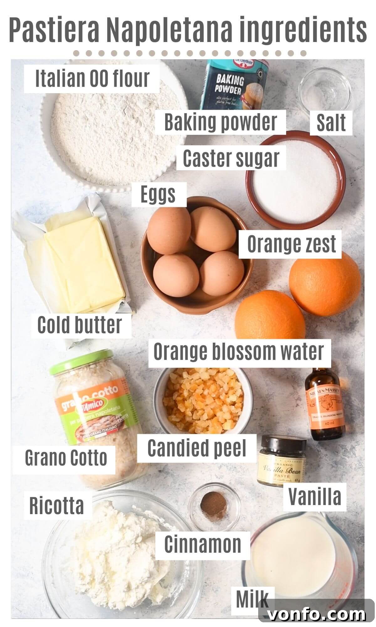 Naples' Beloved Wheat Berry Pie 3 An overhead shot of all the ingredients needed to make Pastiera Napoletana.
