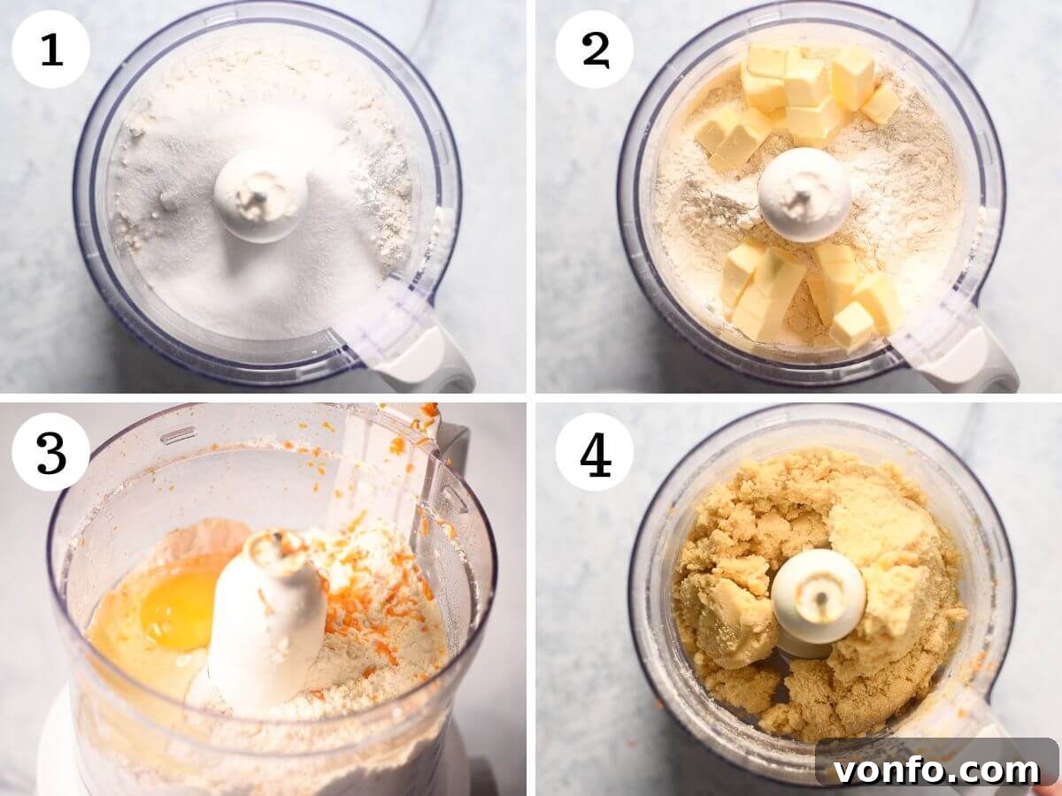 Naples' Beloved Wheat Berry Pie 4 Four photos in a collage showing how to make shortcrust pastry in a food processor.