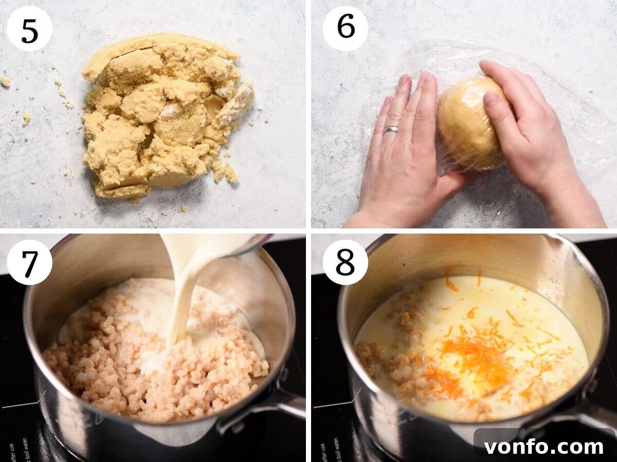 Naples' Beloved Wheat Berry Pie 5 Four photos in a collage showing how to bring pastry together and make Grano Cotto for Pastiera.