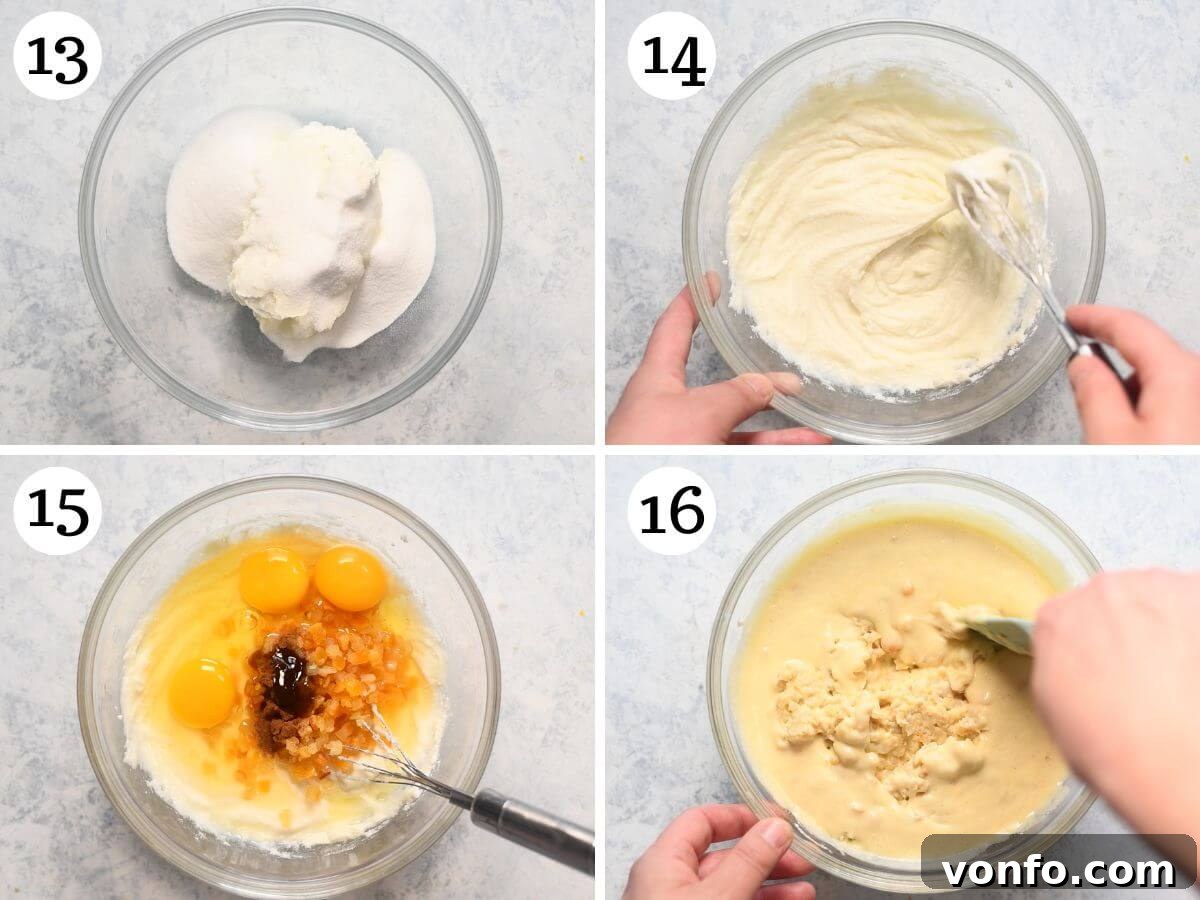 Naples' Beloved Wheat Berry Pie 7 Four photos in a collage showing how to make the creamy ricotta filling for Pastiera Napoletana.