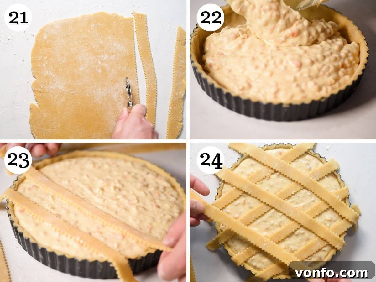 Naples' Beloved Wheat Berry Pie 9 Four photos in a collage showing how to fill and assemble Pastiera Napoletana.