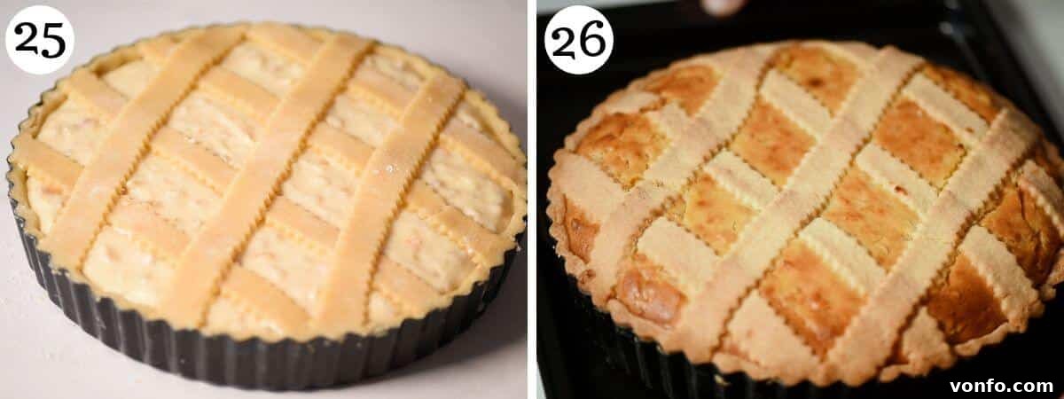 Naples' Beloved Wheat Berry Pie 10 Two photos in a collage showing how Italian Pastiera Napoletana before and after baking.
