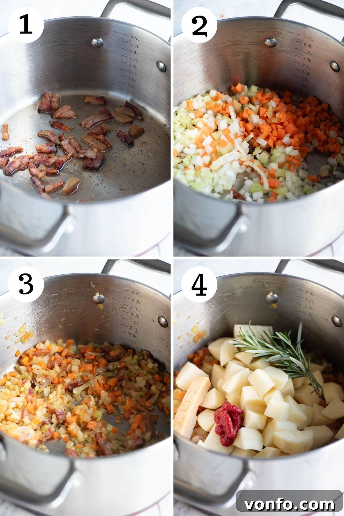 A four-photo collage demonstrating the process of sautéing guanciale and then adding and cooking the soffritto vegetables until soft.