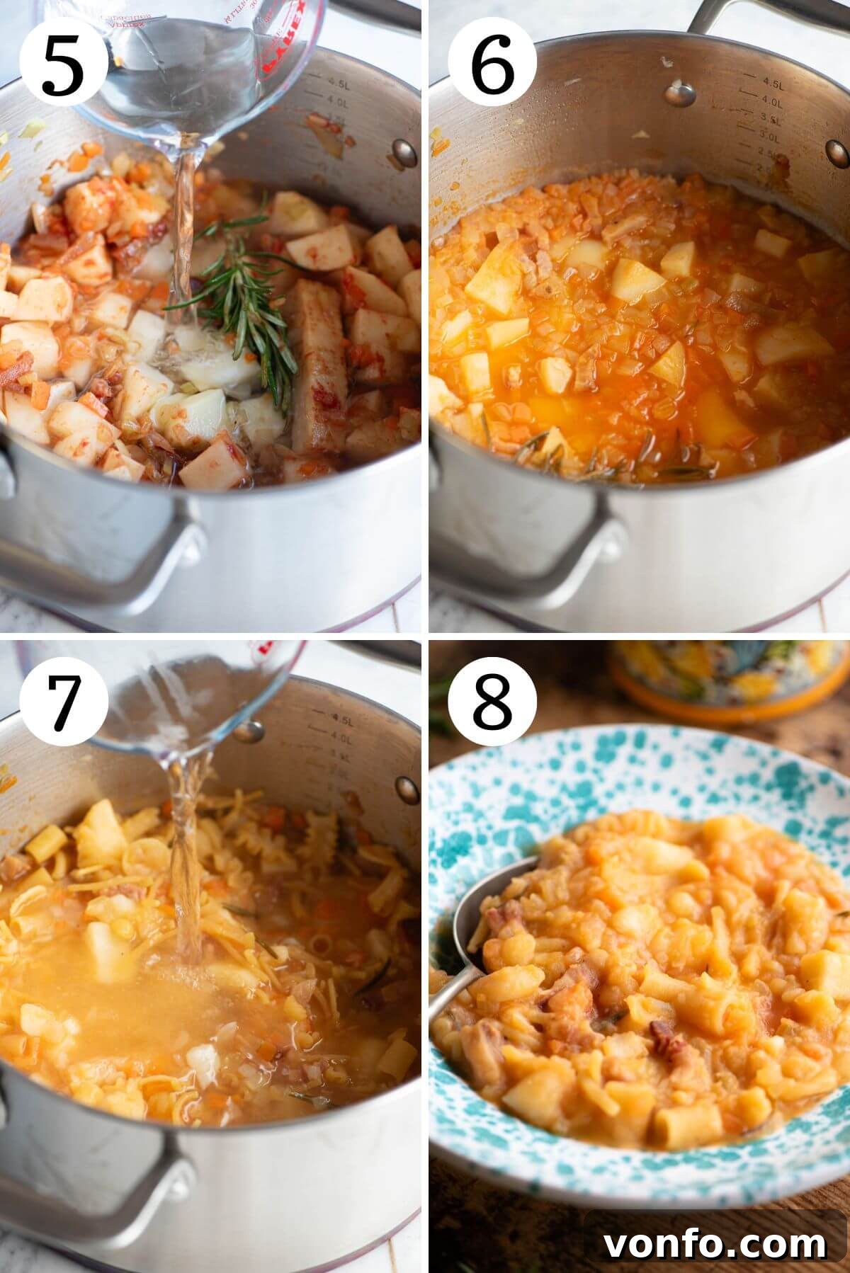 A four-photo collage illustrating the cooking process of Pasta e Patate, from adding potatoes to simmering the final dish.