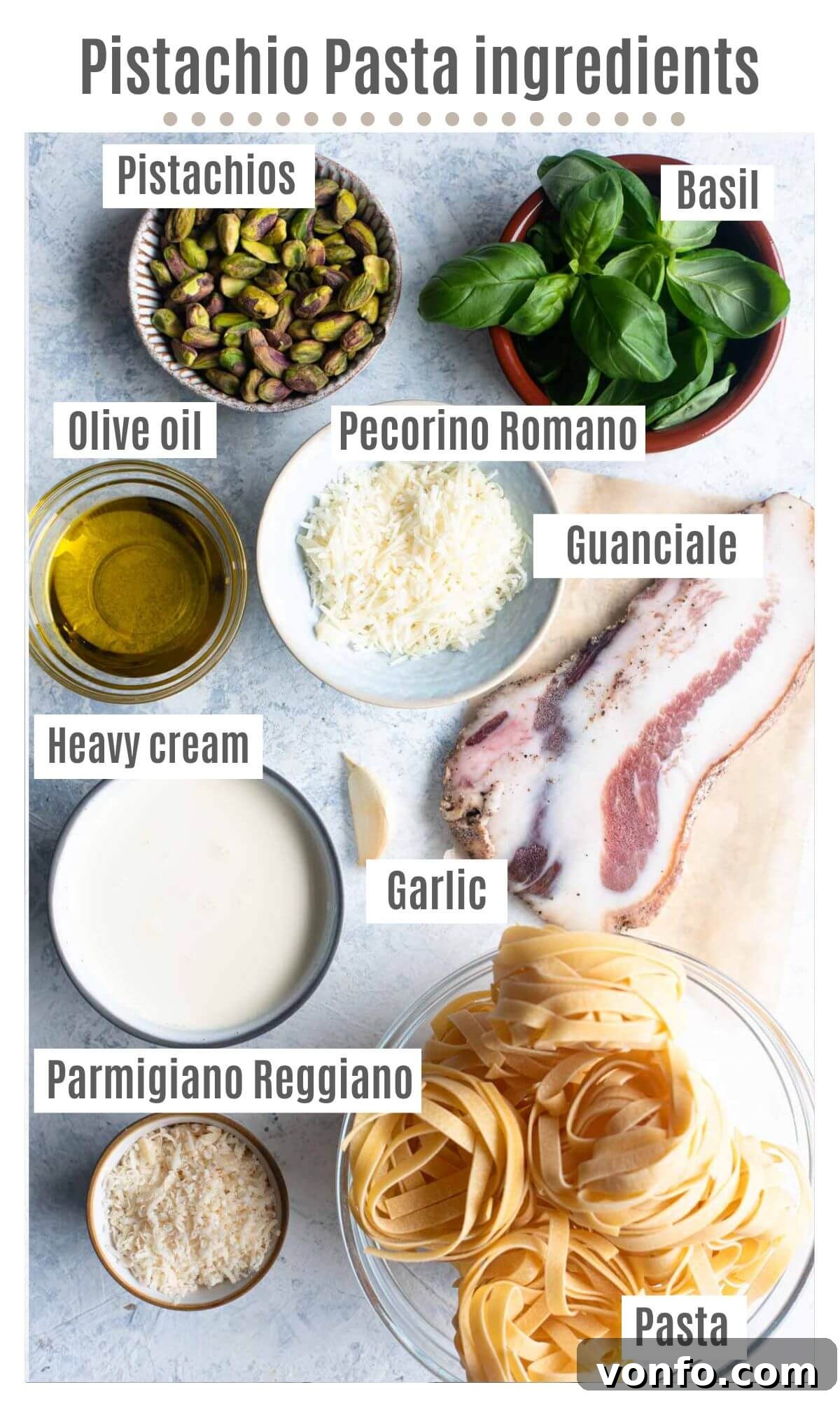 An overhead shot showcasing all the fresh, high-quality ingredients needed to prepare a creamy pistachio pasta with crispy guanciale, arranged artfully on a wooden background, inviting culinary creation.