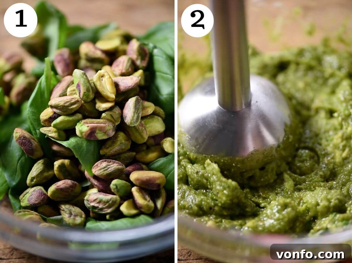 A two-part image collage demonstrating the process of making fresh pistachio pesto: first, all the raw ingredients neatly arranged in a bowl; second, being smoothly blended with an immersion blender to a vibrant green paste.