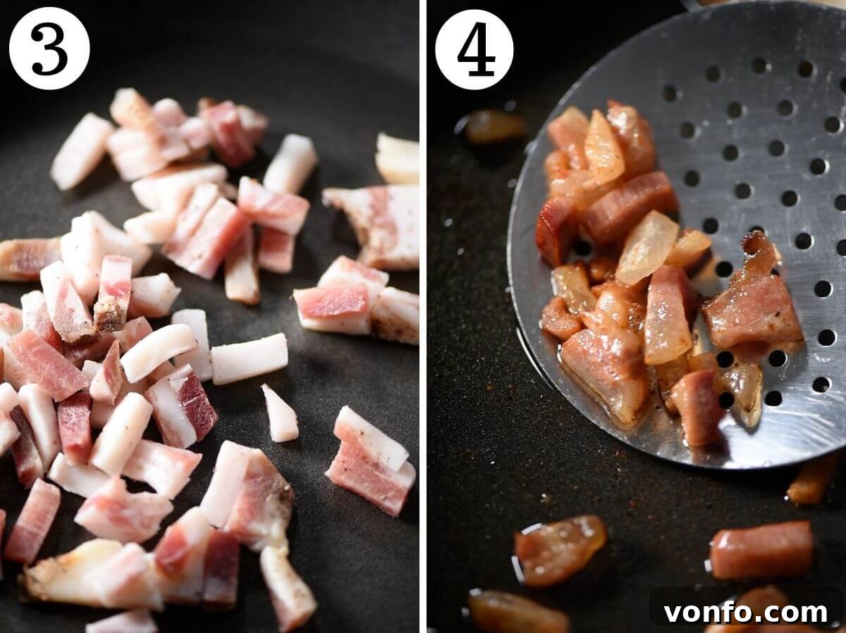 A two-part image collage showing the transformation of guanciale: initially, raw diced guanciale in a cold pan; subsequently, the same guanciale after being perfectly fried to a golden crisp.