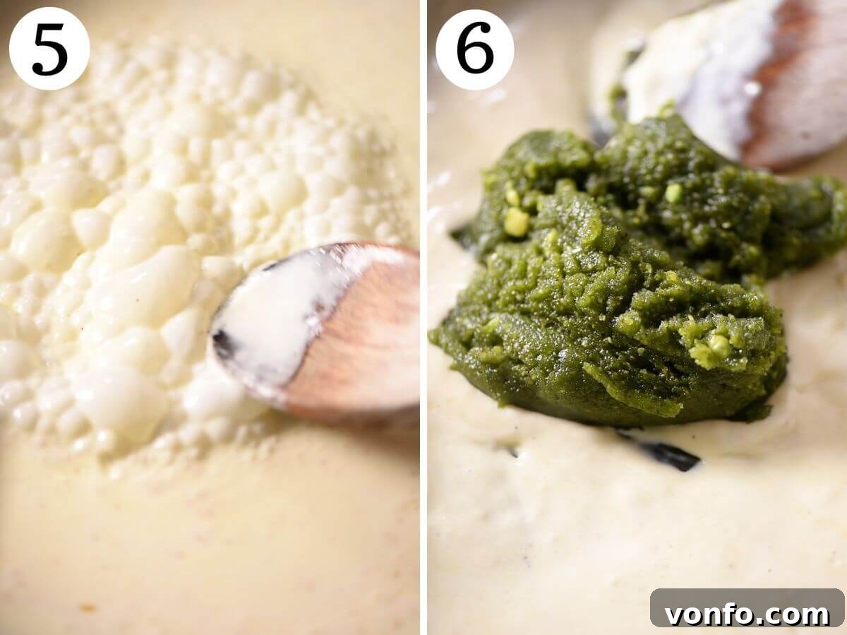 A two-panel collage illustrating the creation of the pistachio cream sauce: first, heavy cream simmering gently in a pan; second, pesto and grated cheese being expertly stirred in to form a smooth and vibrant sauce.