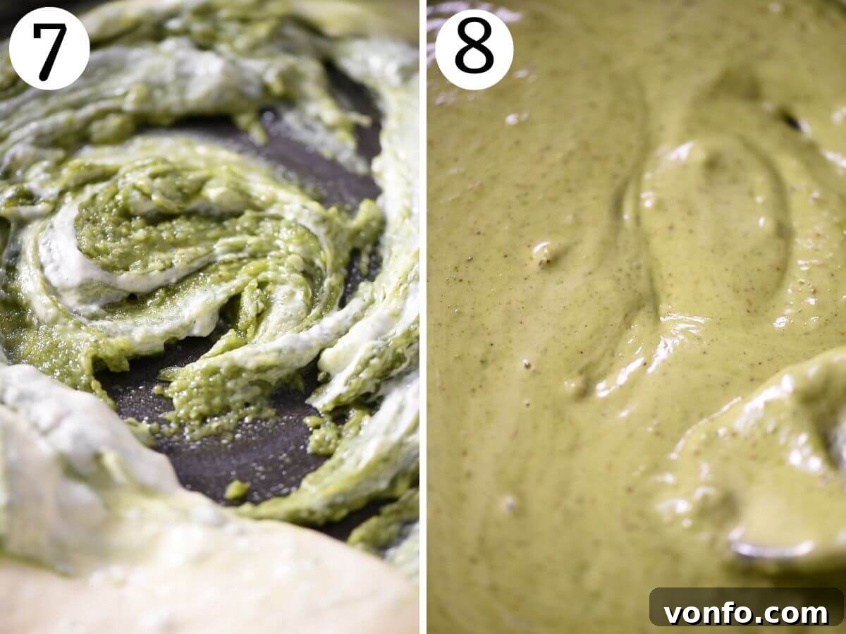 A two-panel collage demonstrating the ideal consistency of the rich and velvety pistachio pasta sauce, showcasing its smooth, thick texture before the cooked pasta is introduced.