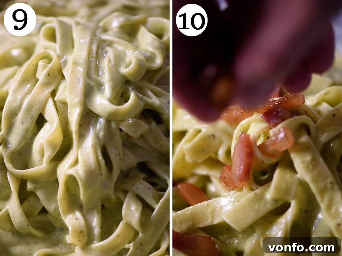 A two-panel collage showing the final stages of pistachio pasta preparation: cooked pasta being added to the creamy sauce and then garnished generously with crispy guanciale for a perfect presentation.