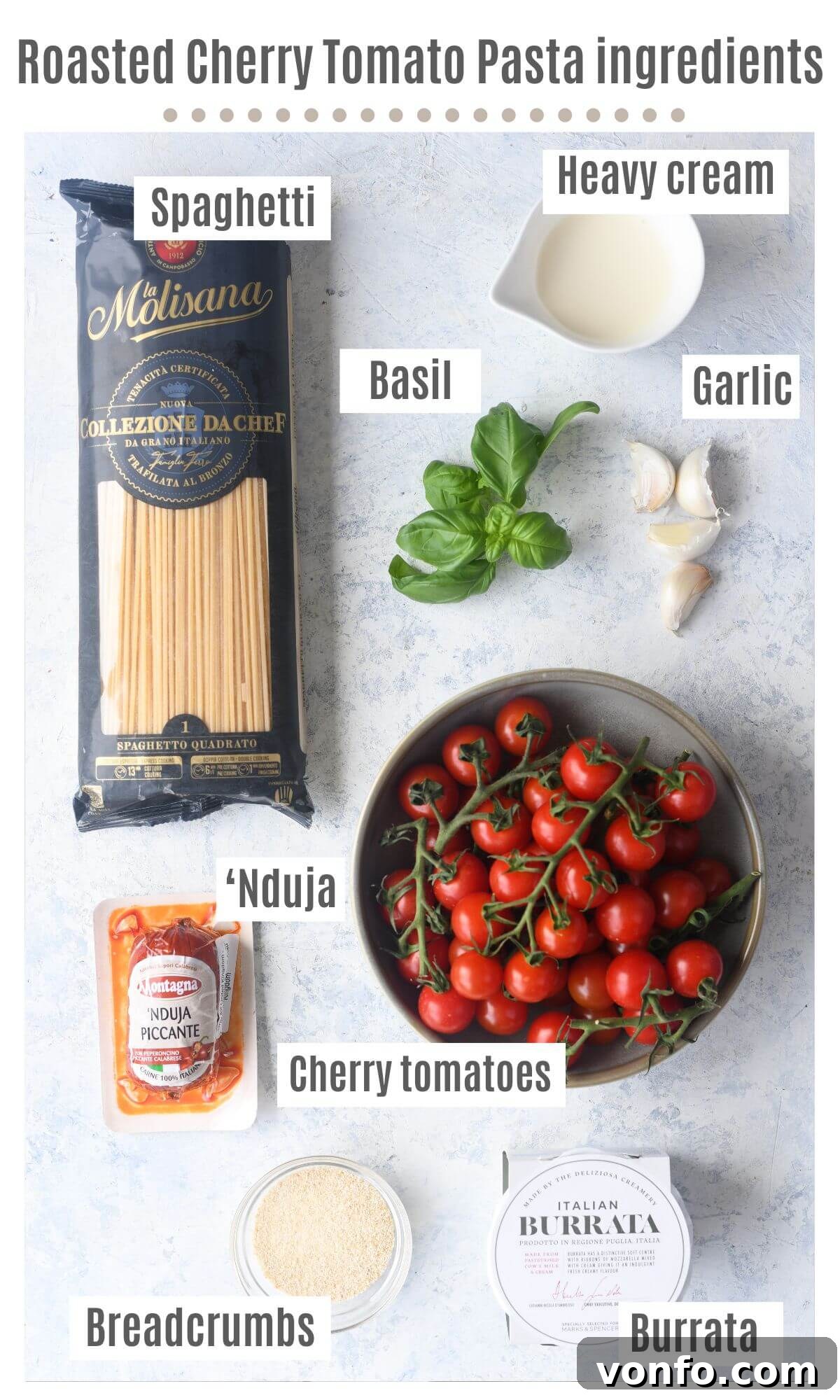 Burst Cherry Tomato Pasta with Fiery Nduja and Creamy Burrata 3 An overhead shot of all the fresh ingredients needed to make roasted cherry tomato spaghetti with burrata and 'Nduja breadcrumbs, including tomatoes, garlic, basil, and pasta.