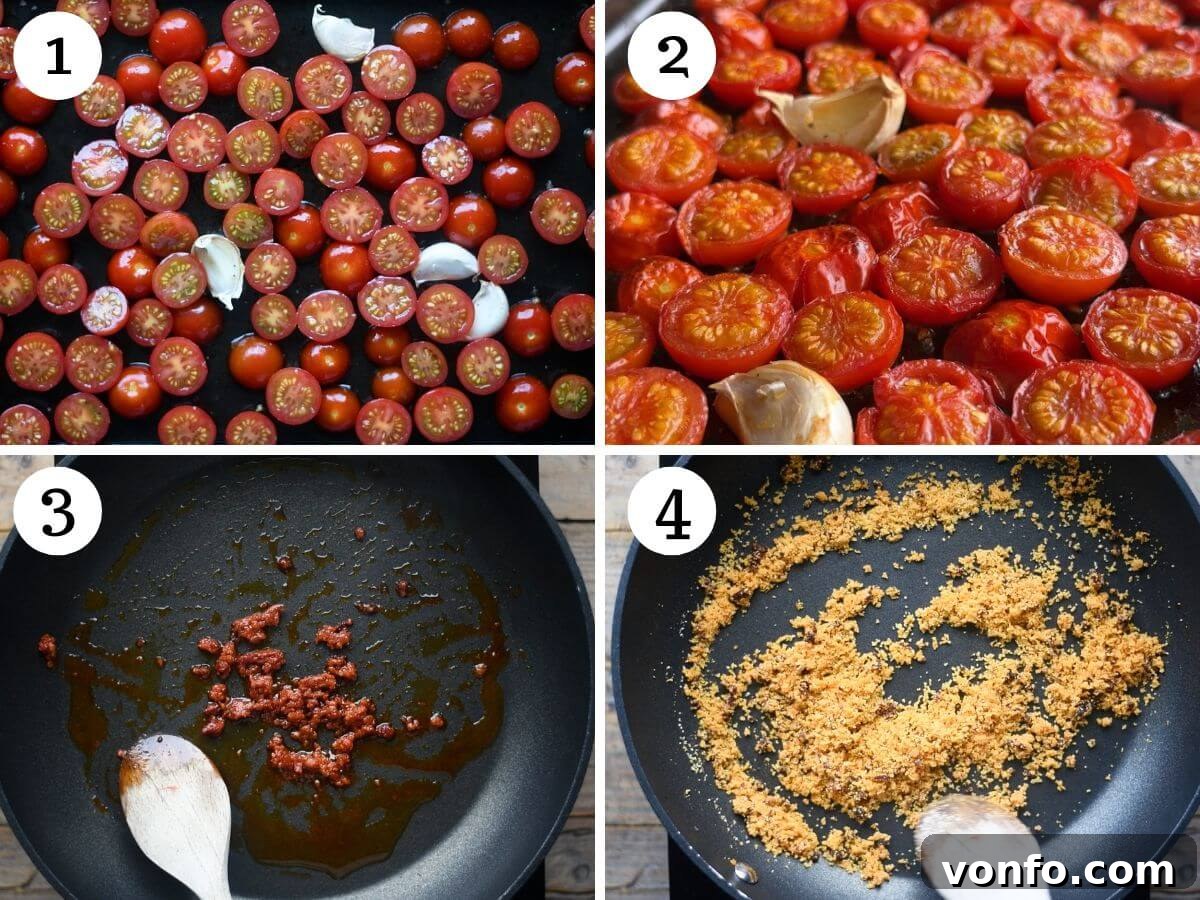 Burst Cherry Tomato Pasta with Fiery Nduja and Creamy Burrata 4 Four photos in a collage showing cherry tomatoes before and after roasting with garlic, and the process of making 'Nduja breadcrumbs in a pan.