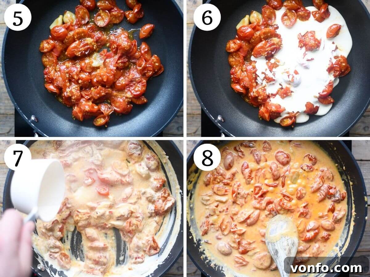 Burst Cherry Tomato Pasta with Fiery Nduja and Creamy Burrata 5 Four photos in a collage showing the making of the creamy roasted cherry tomato sauce with cream and garlic, simmering on the stove.