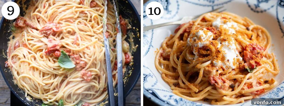 Burst Cherry Tomato Pasta with Fiery Nduja and Creamy Burrata 6 Two photos in a collage showing cooked spaghetti being added to the roasted cherry tomato sauce, and the final dish topped with burrata and spicy breadcrumbs.