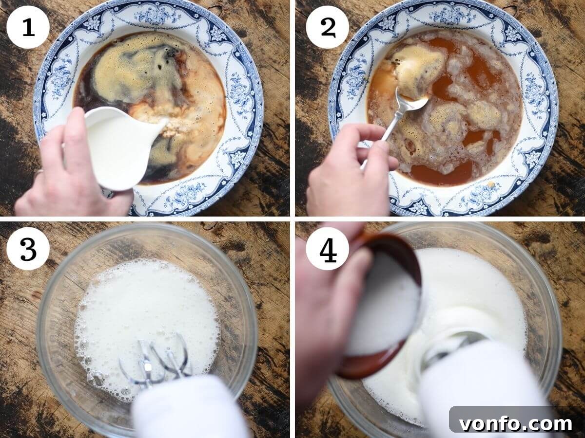 Green Gold Tiramisu 4 Four photos in a collage showing how to prepare a coffee mixture and whip egg whites for Tiramisu.