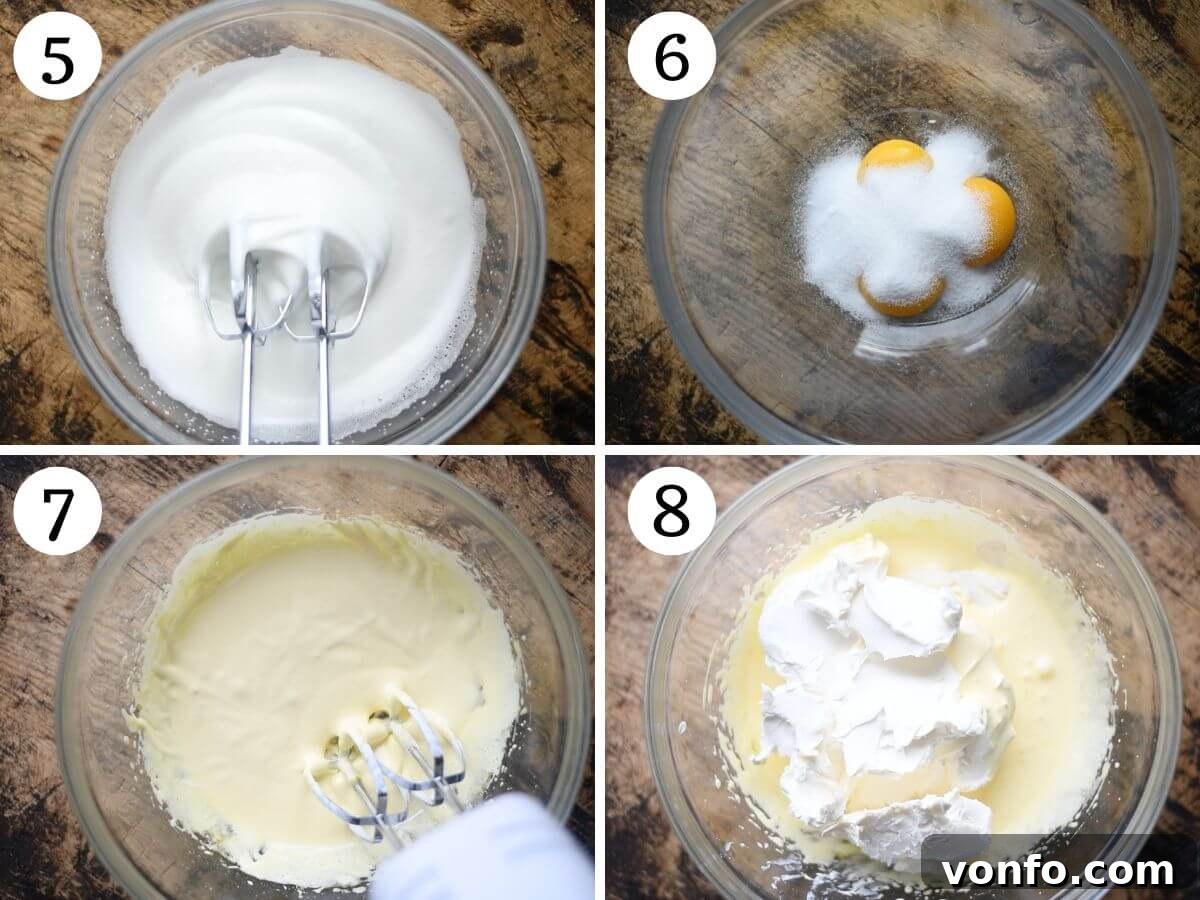 Green Gold Tiramisu 5 Four photos in a collage showing how to whip egg whites and egg yolks separately for Pistachio Tiramisu.
