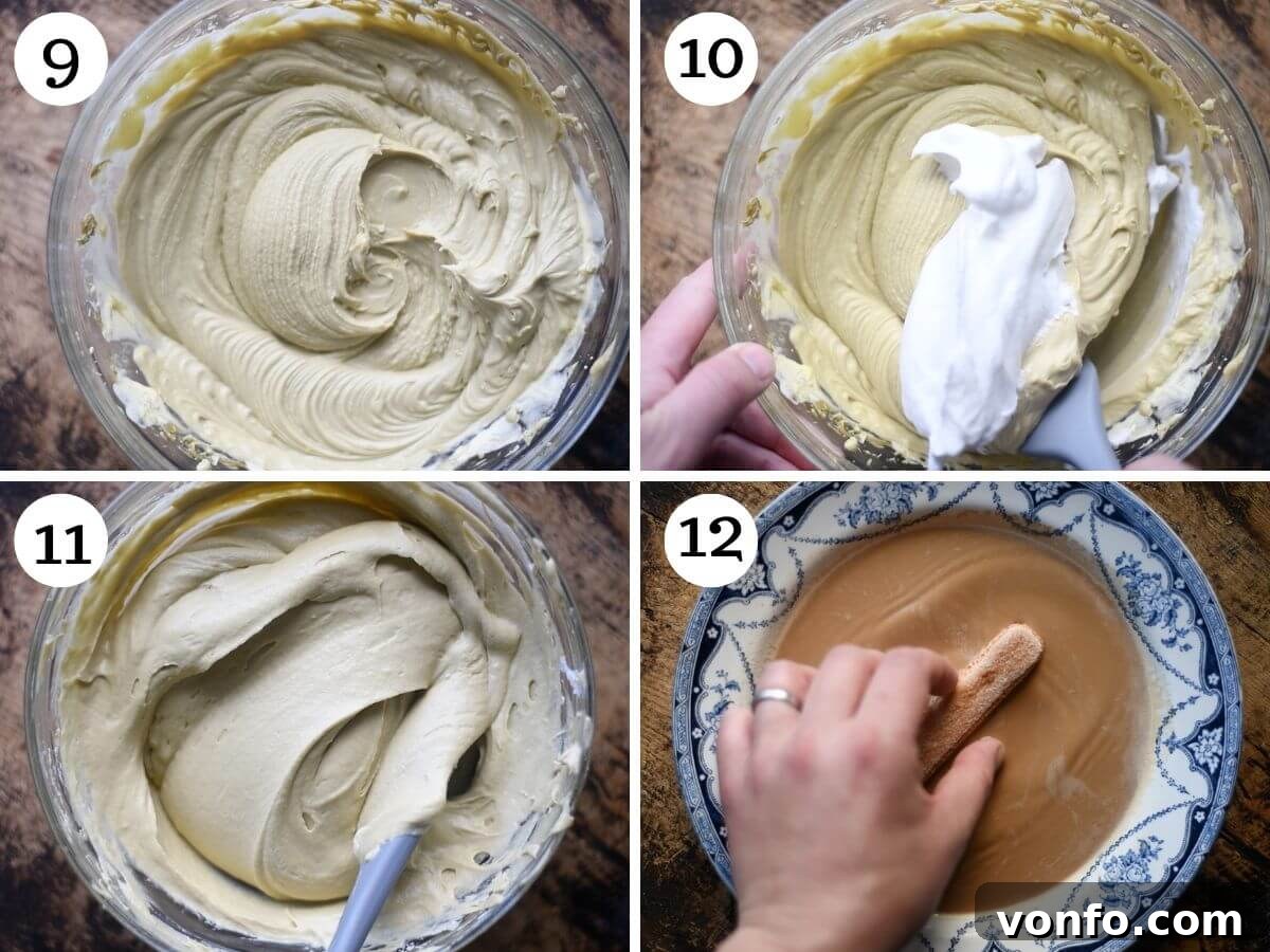 Green Gold Tiramisu 6 Four photos in a collage showing how to make a pistachio cream filling for Pistachio Tiramisu.