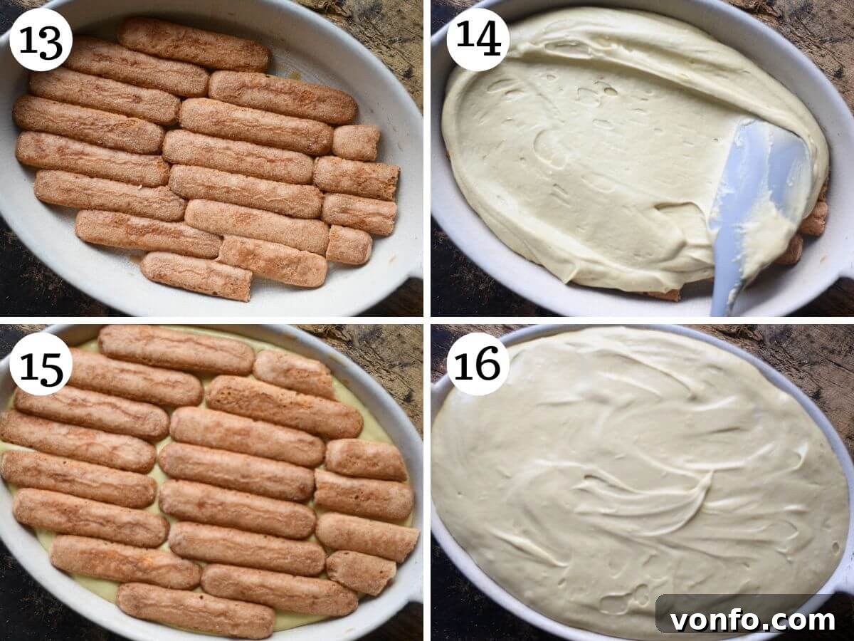 Green Gold Tiramisu 7 Four photos in a collage showing how to assemble Pistachio Tiramisu, layering ladyfingers and cream.