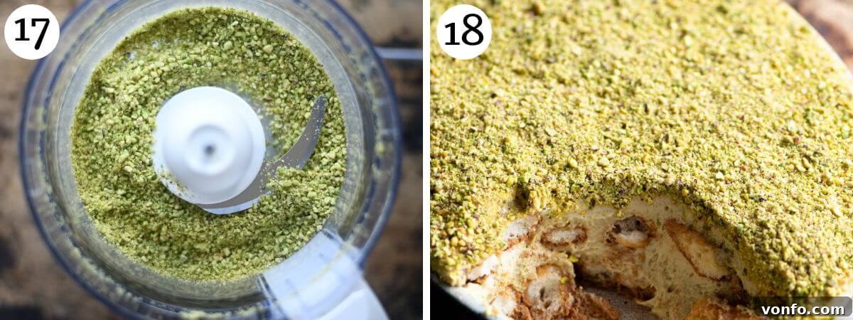 Green Gold Tiramisu 8 Two photos in a collage showing pistachios blitzed in a food processor, ready for topping.