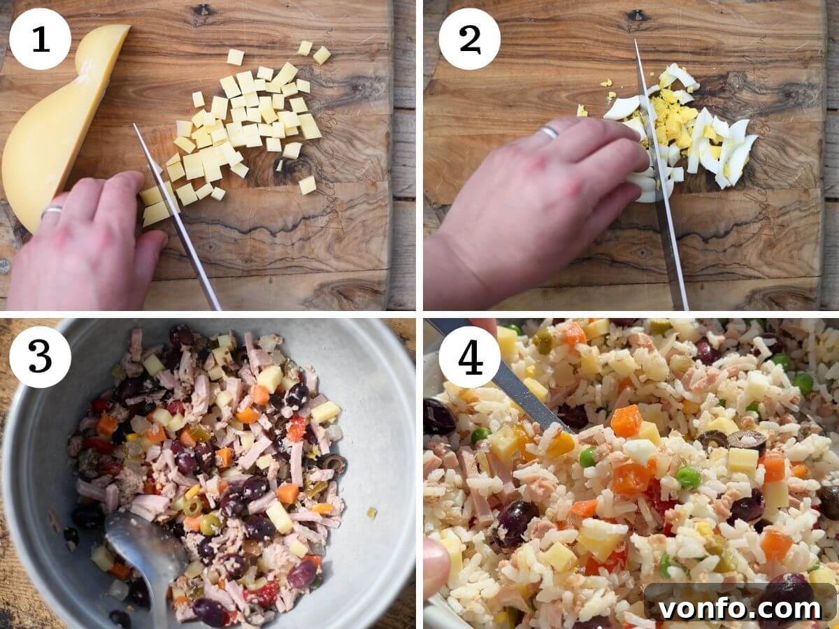 Refreshing Italian Rice Salad 4 A four-panel collage visually guiding the process of making an Italian rice salad, showing ingredients being mixed in a bowl, cooked rice, chopped eggs, and the final salad preparation steps.