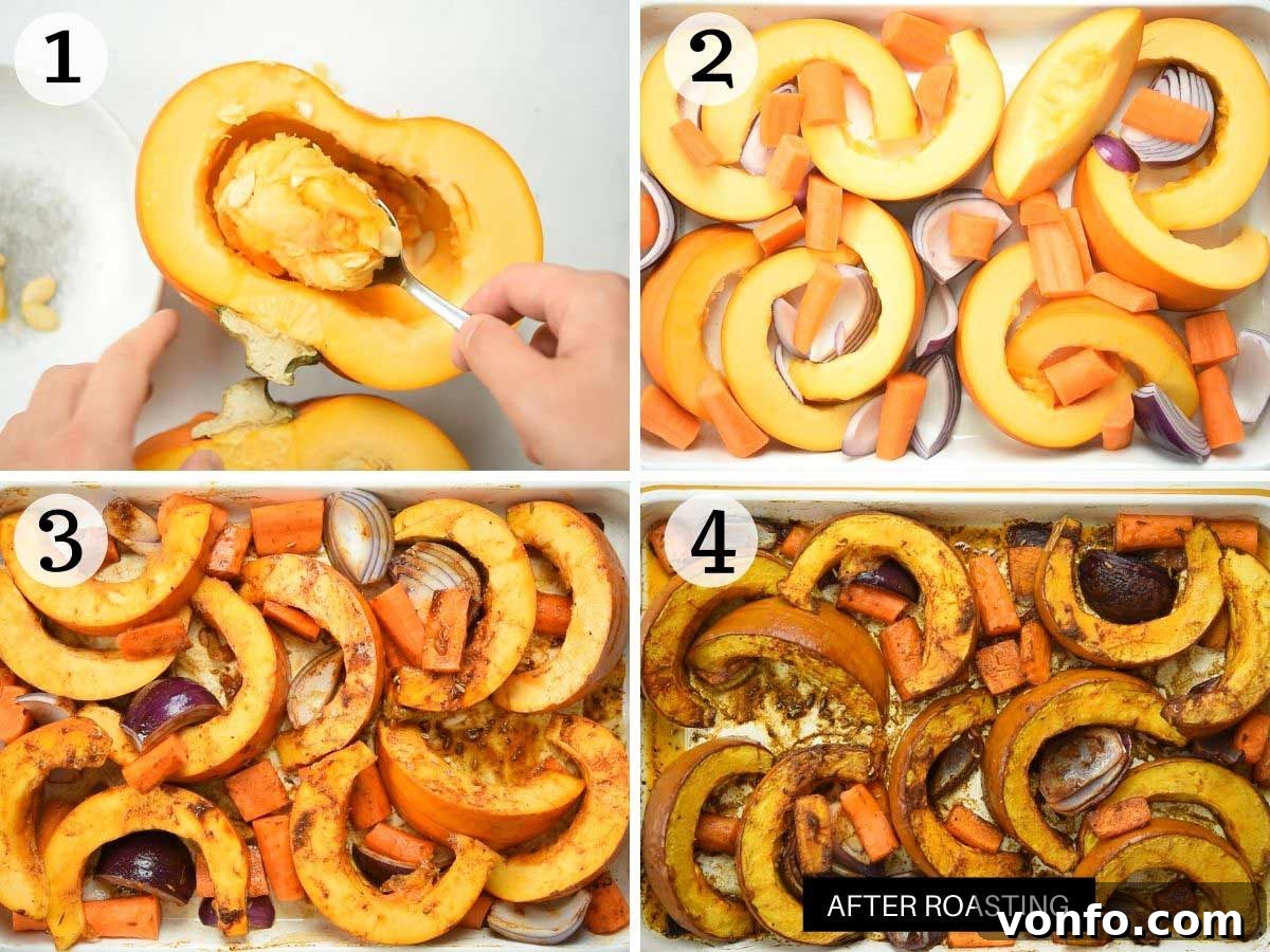 Warm Cinnamon Pumpkin Delight 4 A two-panel image showing step-by-step instructions for preparing pumpkin for soup. The first panel shows a pumpkin cut in half with seeds removed, and the second shows large chunks of pumpkin, carrots, and onion spread out on a baking tray, ready for roasting.