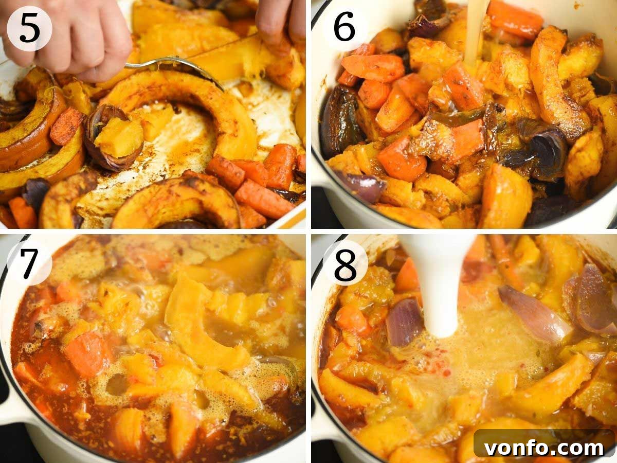 Warm Cinnamon Pumpkin Delight 5 A two-panel image illustrating further steps in making pumpkin soup. The first panel shows roasted vegetables on a baking tray, golden and tender. The second panel depicts the roasted vegetables combined with chicken stock in a pot, simmering on the stovetop.