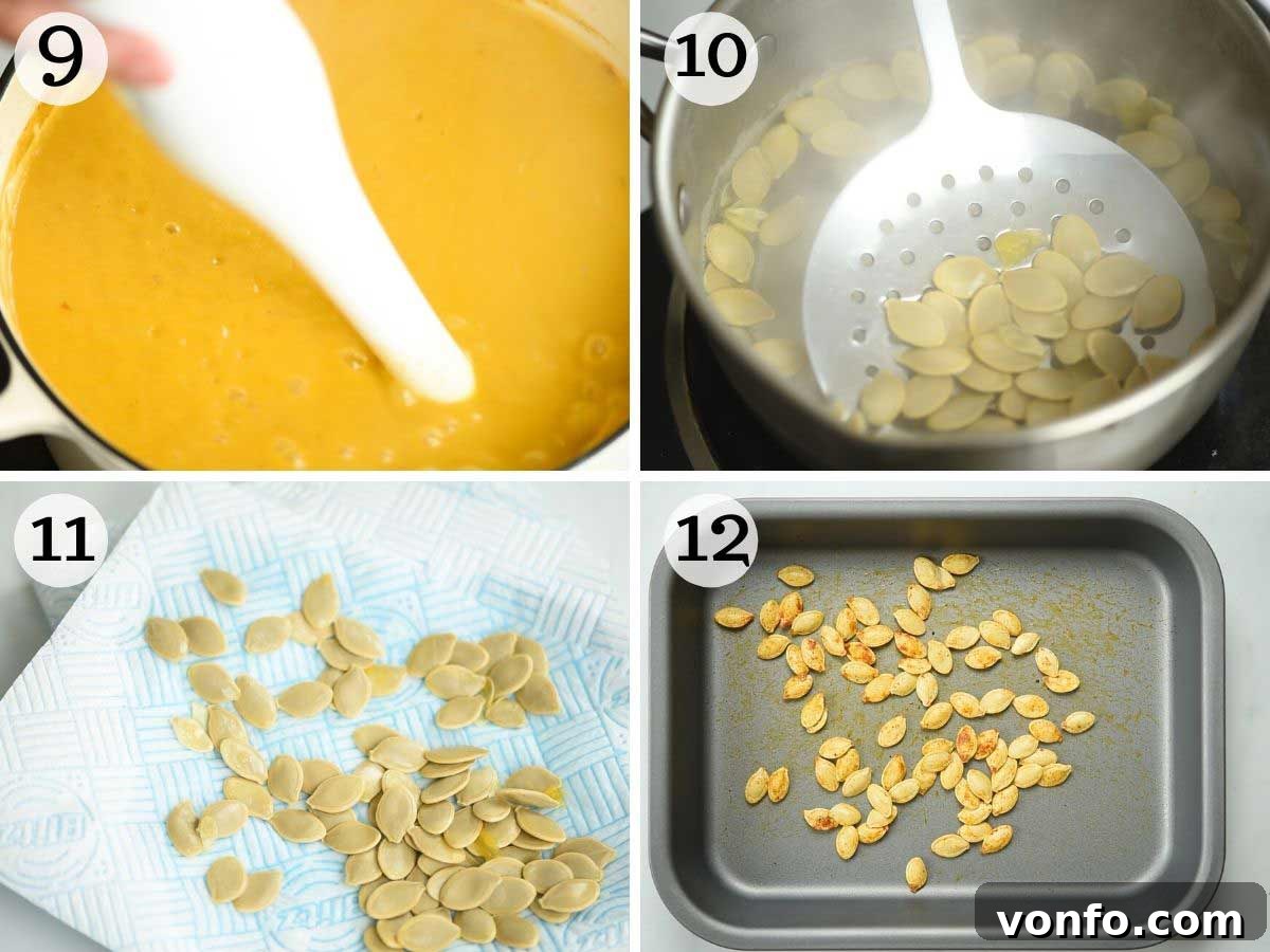 Warm Cinnamon Pumpkin Delight 6 A three-panel image demonstrating how to toast pumpkin seeds. The first panel shows cleaned seeds boiling in salted water. The second shows them dried and seasoned on a baking tray. The third panel shows the finished toasted pumpkin seeds, golden and crisp.