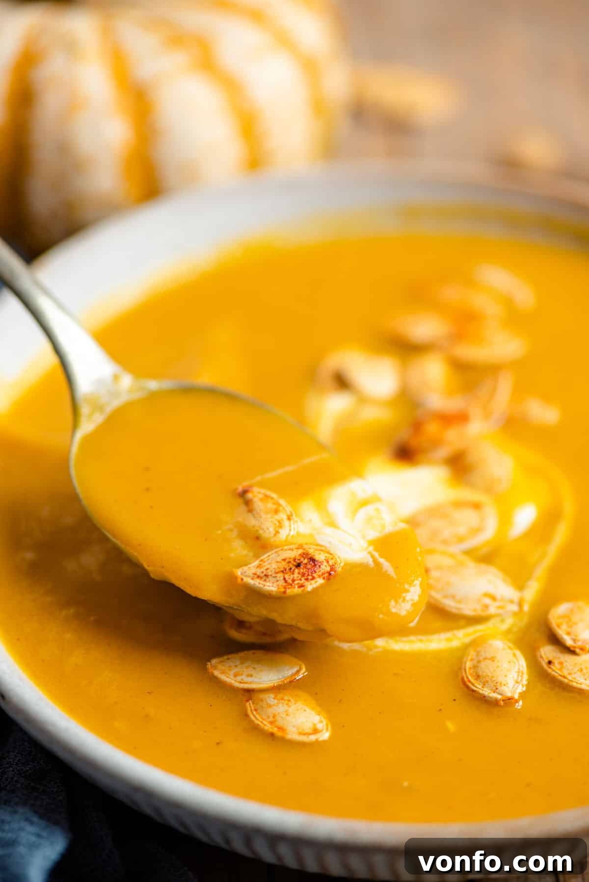 Warm Cinnamon Pumpkin Delight 7 A close-up shot of a spoonful of creamy roasted pumpkin soup, showcasing its smooth texture and rich color, ready to be enjoyed.