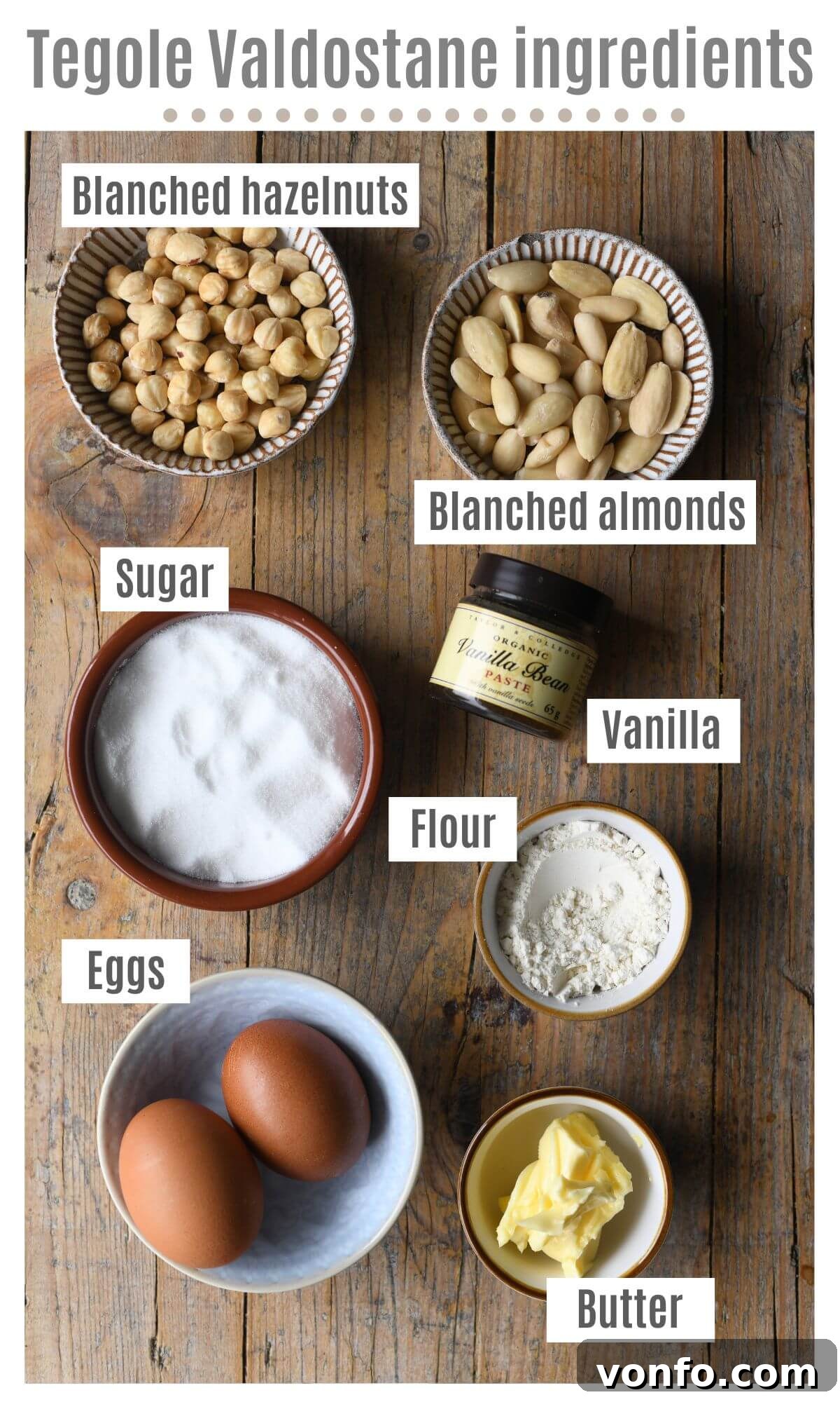 An overhead shot showcasing all the fresh and carefully measured ingredients required to prepare Tegole Valdostane cookies.