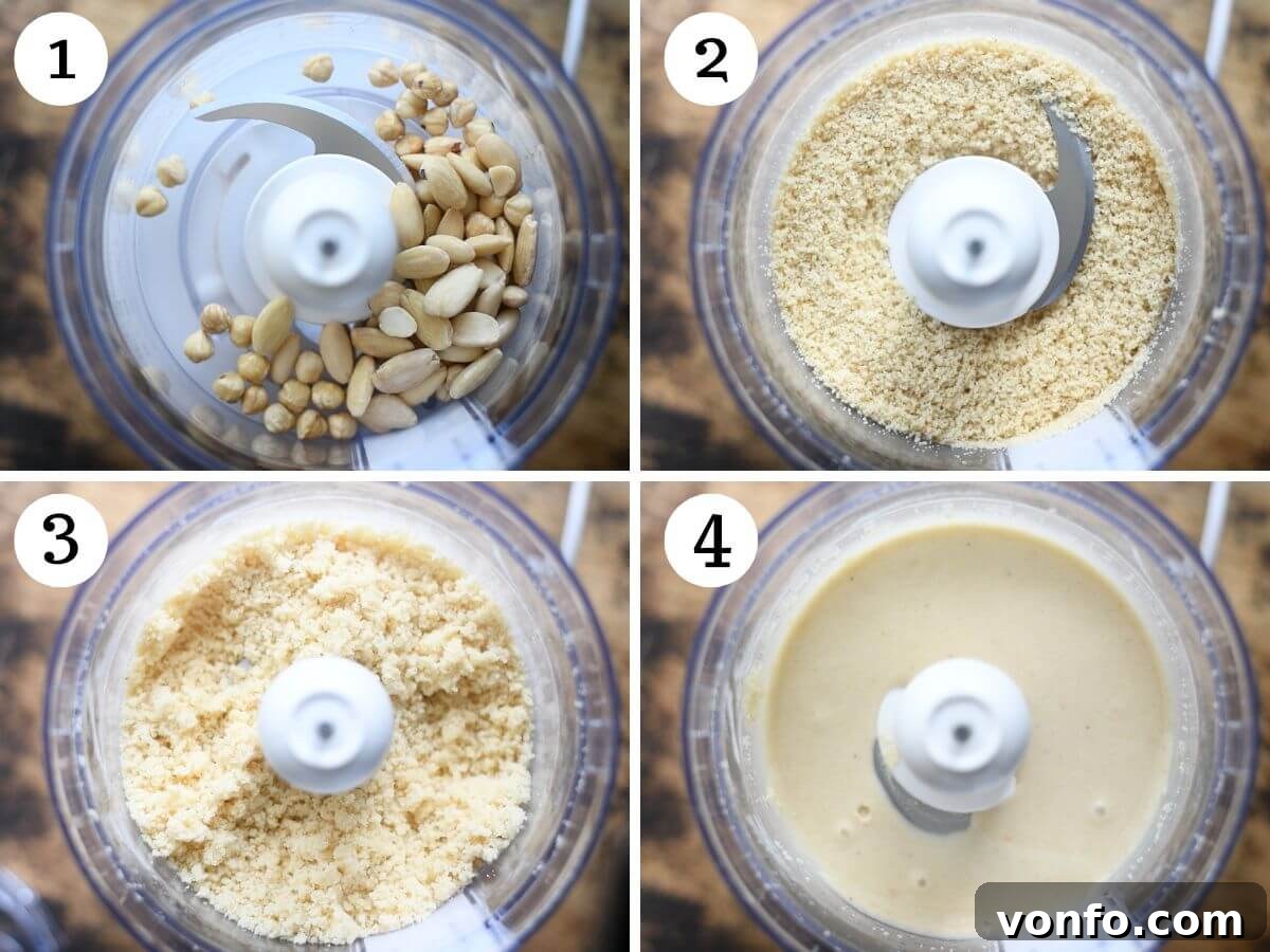 A four-photo collage illustrating the process of preparing Tegole Valdostane batter, from blitzing nuts to a smooth mixture.