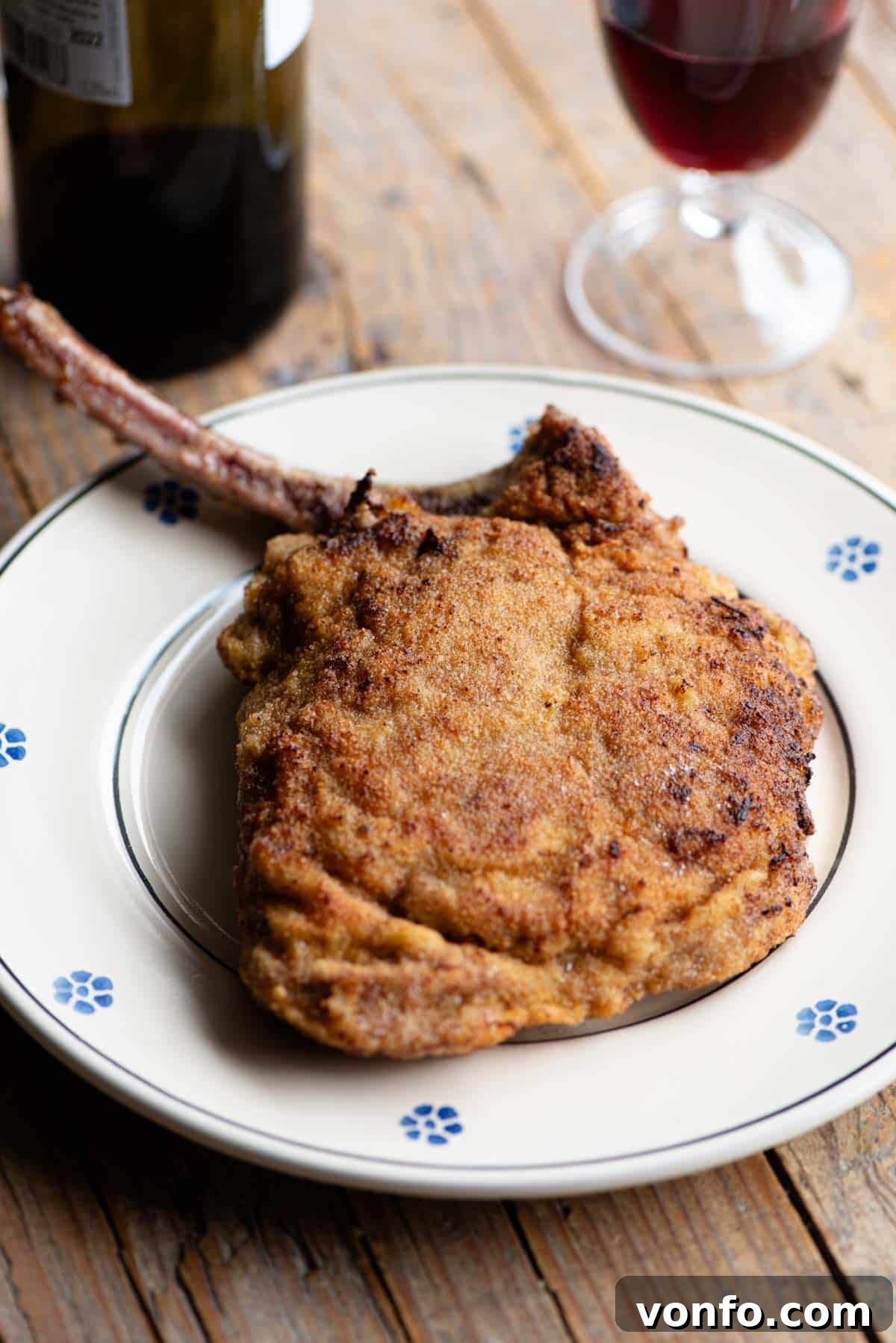 Golden Crispy Veal Stuffed with Fontina and Prosciutto 2 A perfectly golden-brown breaded veal chop, sliced to reveal its melted Fontina cheese and prosciutto cotto filling, rests on a plate. A glass and bottle of red wine are softly blurred in the background, hinting at a delightful meal.