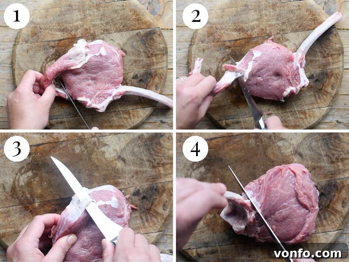 Golden Crispy Veal Stuffed with Fontina and Prosciutto 5 A collage of four sequential photos demonstrating the precise steps to trim silverskin and prepare a bone-in veal chop for stuffing.