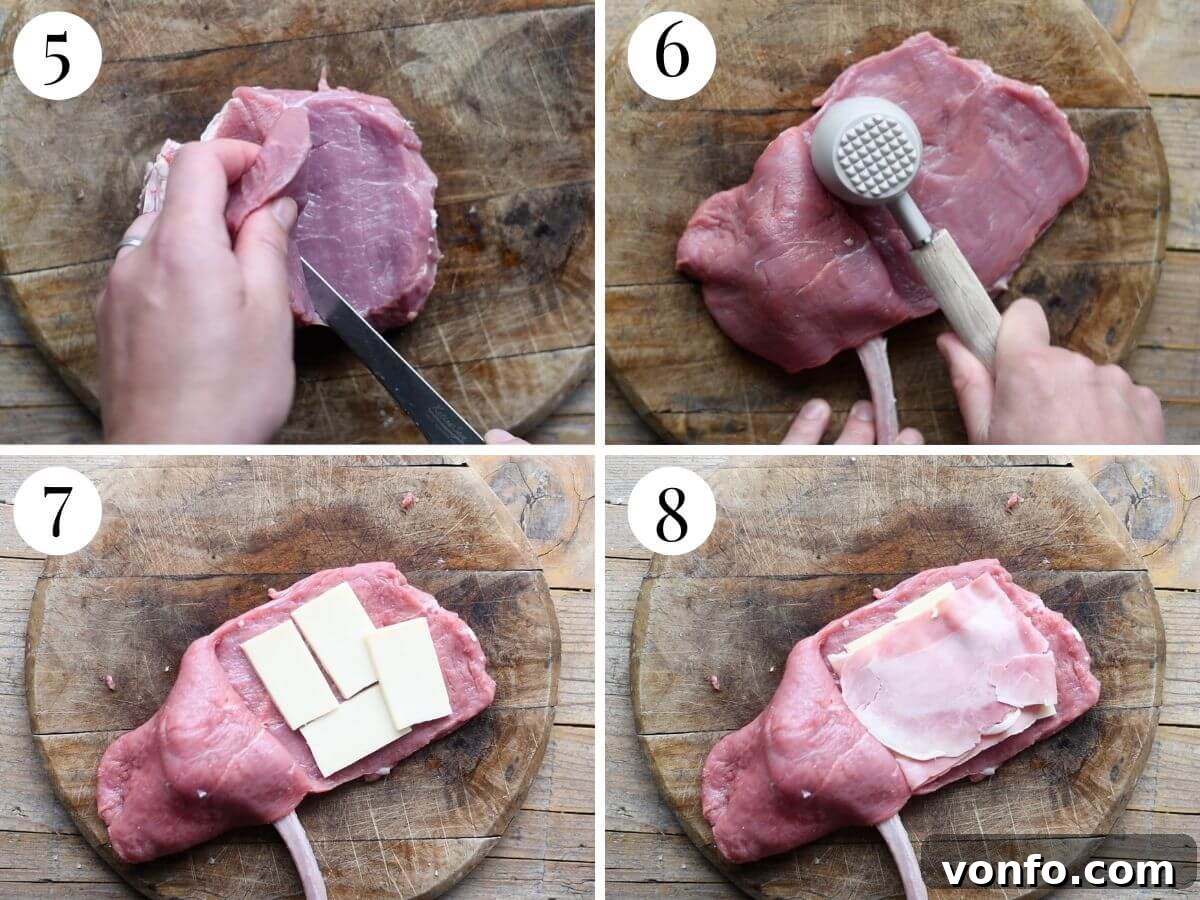 Golden Crispy Veal Stuffed with Fontina and Prosciutto 6 A four-photo collage illustrating the process of butterflying a veal chop, flattening it with a meat mallet, and then carefully stuffing it with layers of ham and cheese.
