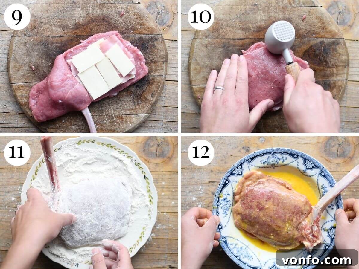 Golden Crispy Veal Stuffed with Fontina and Prosciutto 7 A sequential four-photo collage depicting the final stages of preparing the stuffed veal chop, specifically focusing on the meticulous breading process.