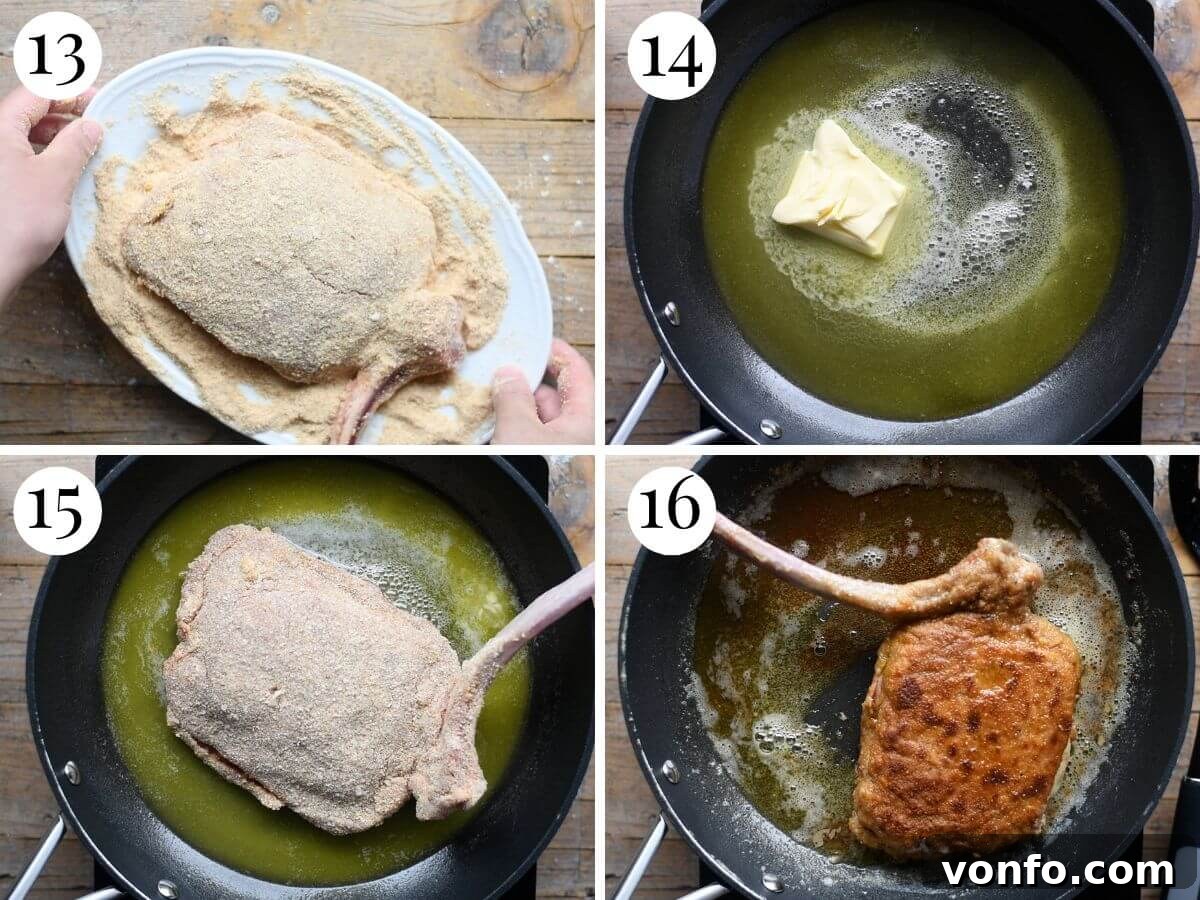 Golden Crispy Veal Stuffed with Fontina and Prosciutto 8 A captivating four-photo collage illustrating the final cooking stage: frying the expertly breaded and stuffed veal chop in a pan with sizzling butter until it achieves a perfect golden crisp.