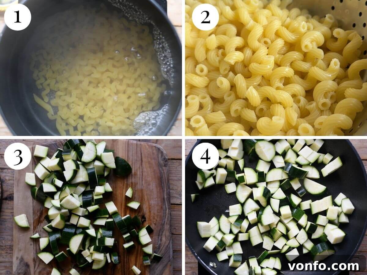 Zesty Shrimp & Zucchini Pasta Salad 4 Four photos in a collage showing how to cook pasta and zucchini to make a pasta salad.