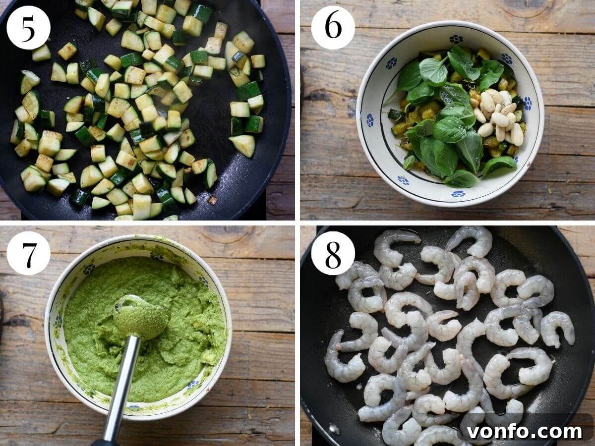 Zesty Shrimp & Zucchini Pasta Salad 5 Four photos in a collage showing how to make a zucchini sauce and saute shrimp.