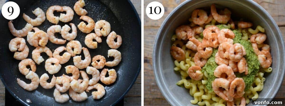 Zesty Shrimp & Zucchini Pasta Salad 6 Two photos in a collage showing cooked shrimp getting mixed into a pasta salad.